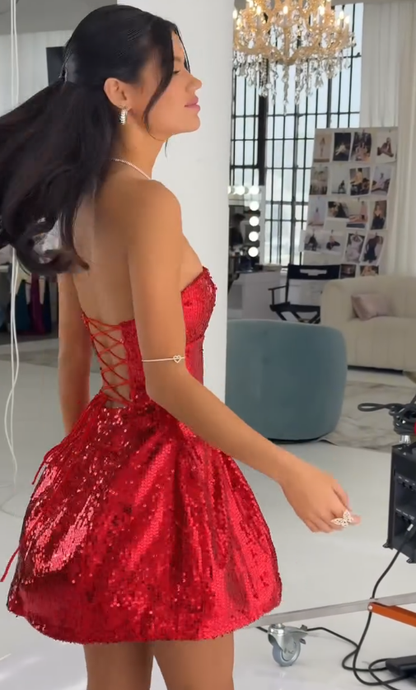 Shiny Red A Line Strapless Sequin Short Homecoming Dress DP4029