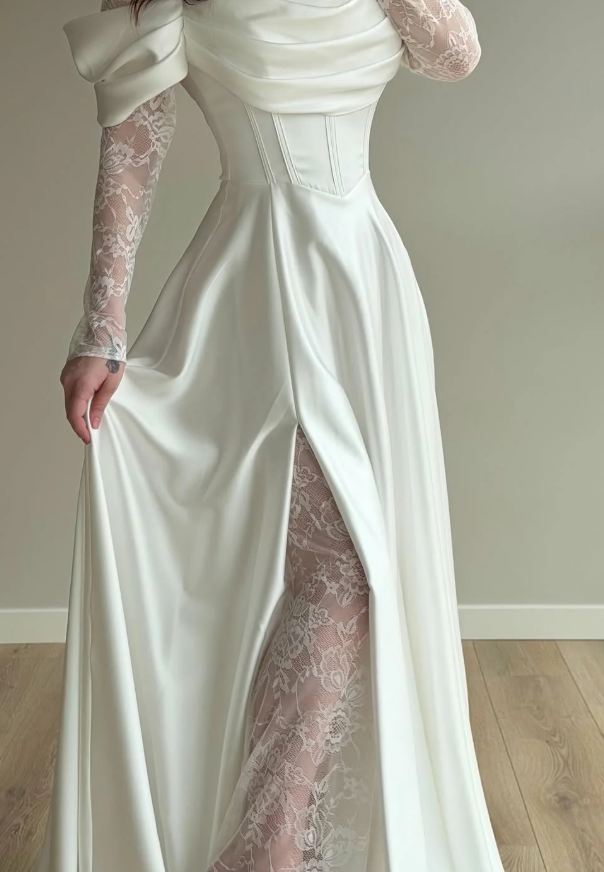 Elegant White A Line Long Sleeve Lace Satin Prom Dress DP5022