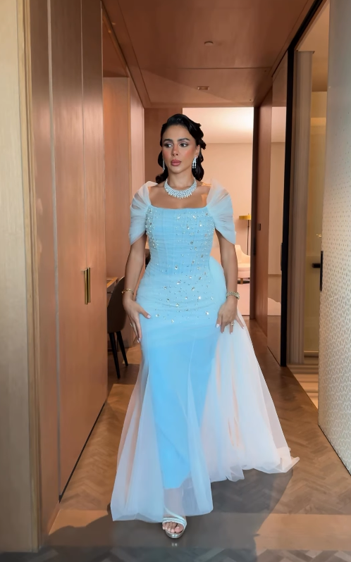 Gentle Blue Mermaid Off the Shoulder Beaded Tulle Prom Dress Evening Dress DP4341