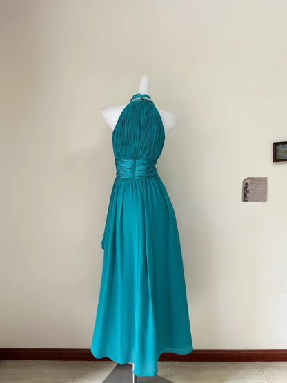 Vintage A Line Halter Lake Blue Elegant Chiffon Prom Dress Outfits DP5015