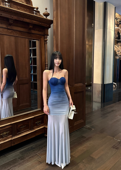 Blue Ombre Mermaid Strapless Pleated Tulle Prom Dress Formal Dress Evening Dress DP3455