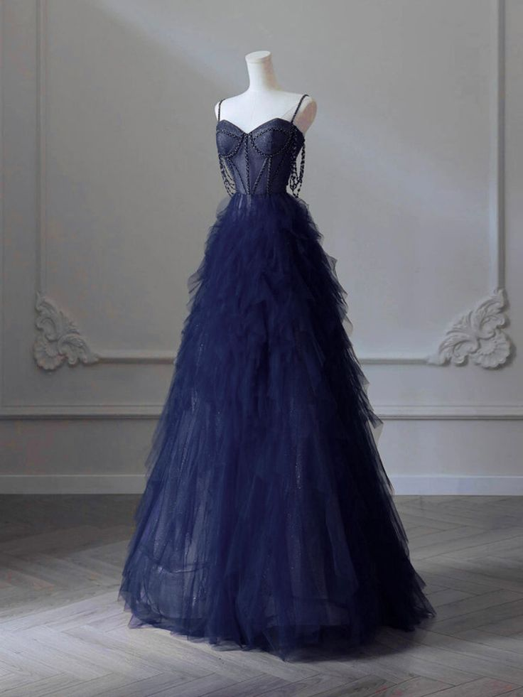 A-Line Sweetheart Neck Tulle Navy Blue Long Prom Dress Graduation Dress DP191