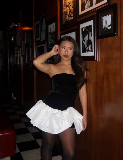 Cute A Line Strapless White Satin Black Velvet Short Homecoming Dress Evening Dress DP1920