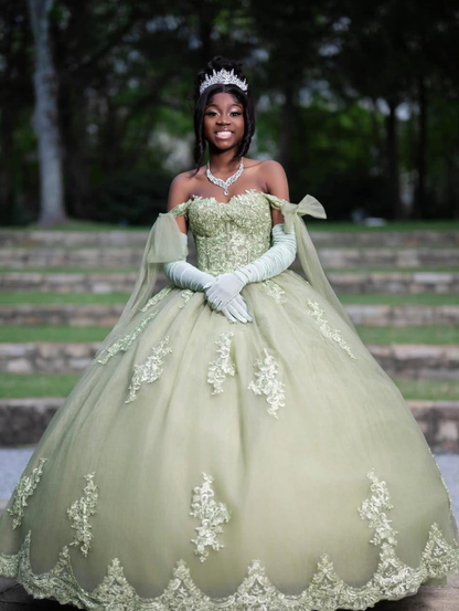 Light Green Princess Ball Gown Appliques Tulle Long Prom Dress 16th Birthday Dress DP5060