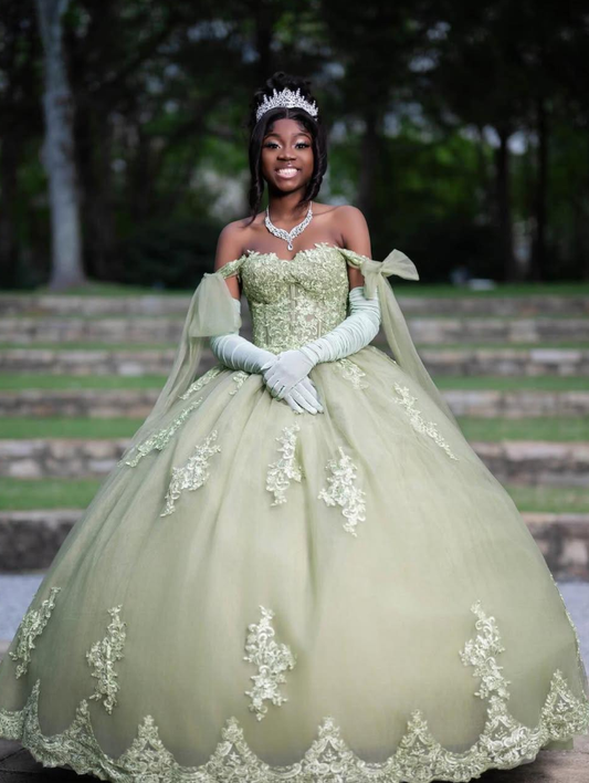 Light Green Princess Ball Gown Appliques Tulle Long Prom Dress 16th Birthday Dress DP5060