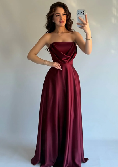 Simple Burgundy A Line Strapless Satin Long Prom Dress Evening Dress DP6934