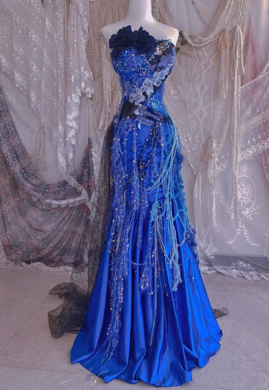 Stunning Blue Mermaid Strapless Floral Beaded Satin Prom Dress 16th Birthday Dress DP3766