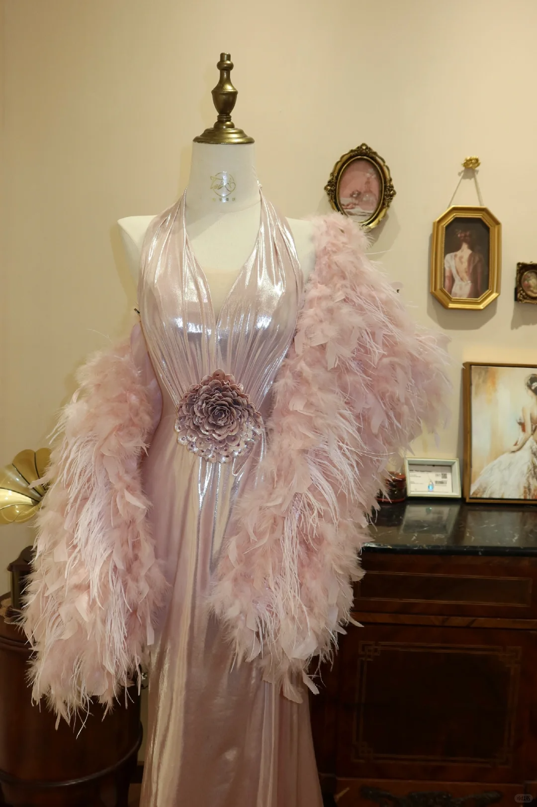 Shiny Pink A Line Halter Satin Open Back Prom Dress 16th Birthday Dress with Feather DP3911