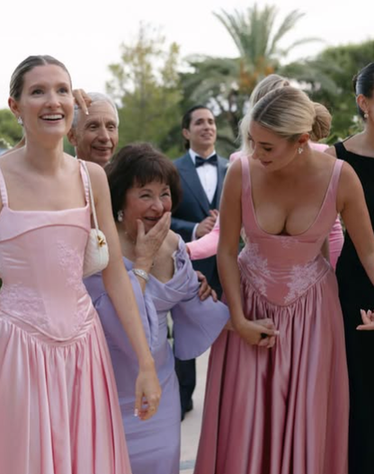 Elegant Pink A Line V Neck Appliques Satin Prom Dress Evening Dress DP1210