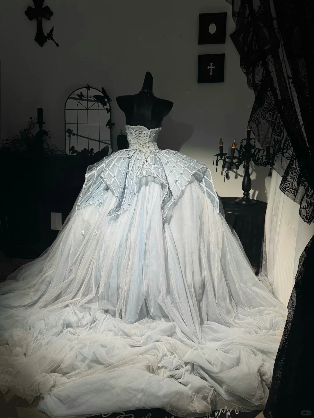 Luxurious Baby Blue Ball Gown Strapless Beaded Tulle Prom Dress Evening Dress DP6985