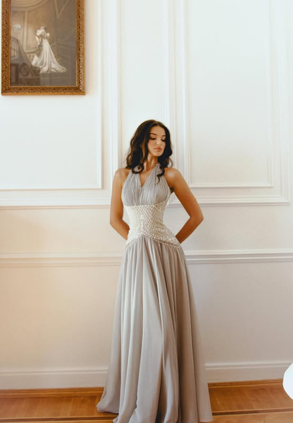 Elegant A Line Halter Beaded Chiffon Long Prom Dress Evening Dress DP6063