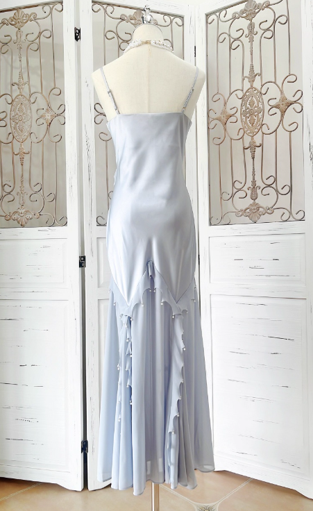 White Mermaid Spaghetti Strap Pearl Chiffon Satin Prom Dress Evening Dress Party Dress DP3584