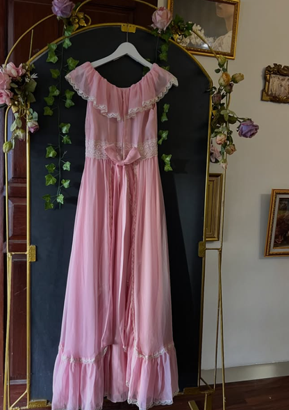 Princess Pink A Line Straps Lace Chiffon Long Prom Dress Evening Dress DP5128