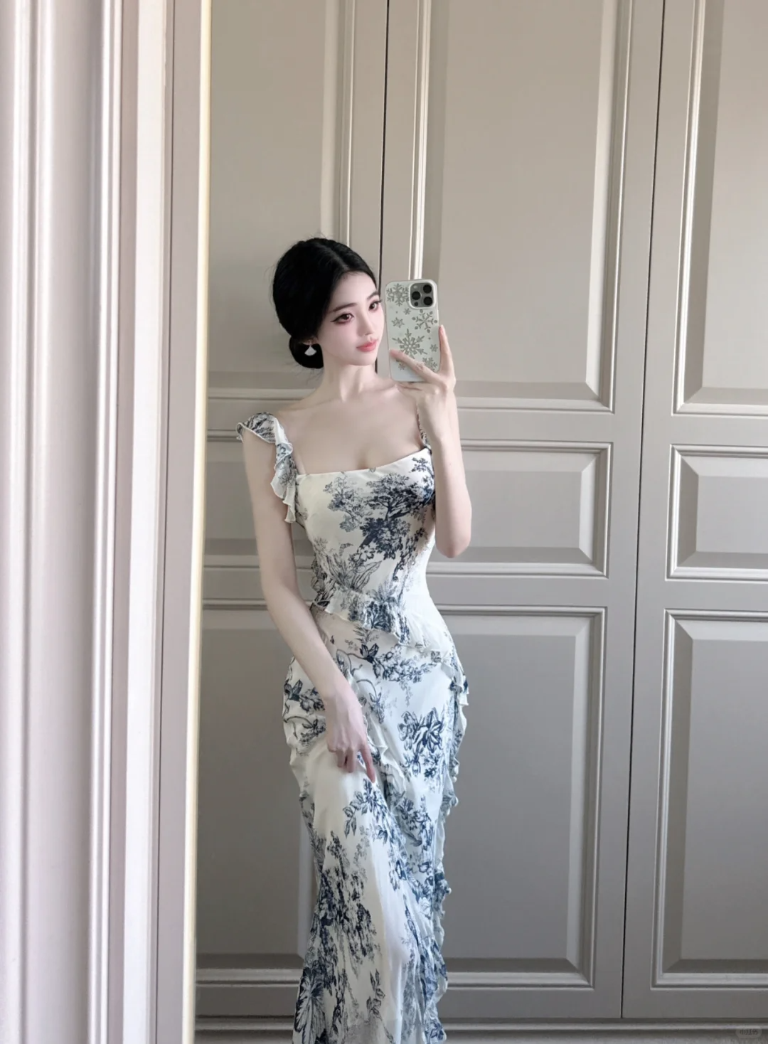 Elegant Mermaid Straps Blue Print Floral Chiffon Long Prom Dress Outfits DP4613