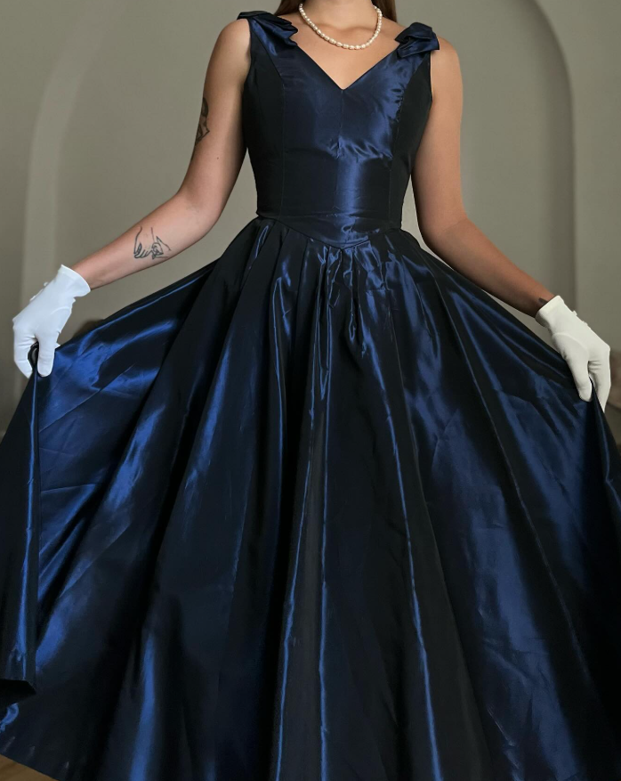 Vintage Navy Blue A Line V Neck Satin Prom Dress Evening Dress Date Dress DP5701