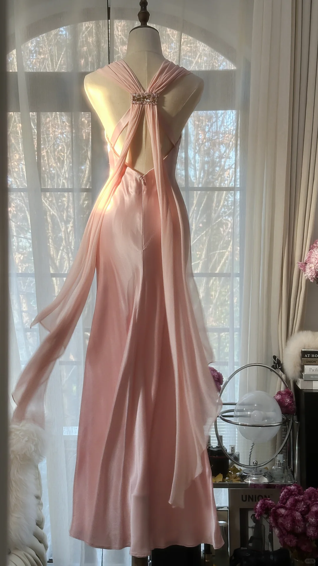 Classy A Line V Neck Beaded Pink Chiffon Satin Long Party Dress Evening Dress DP2471