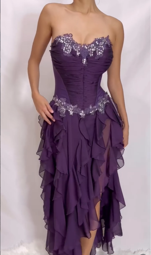 Purple Vintage A Line Sweetheart Neck Ruffle Chiffon Prom Dress DP5158