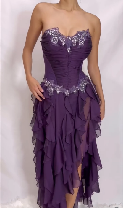 Purple Vintage A Line Sweetheart Neck Ruffle Chiffon Prom Dress DP5158