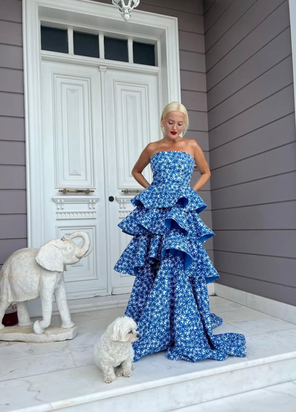 Blue Print A Line Strapless Layered Satin Long Prom Dress Evening Dress DP7121