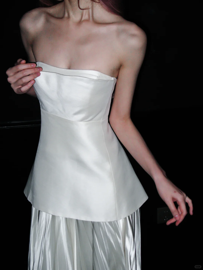 Unique White A Line Strapless Pleated Satin Long Wedding Dress DP5190