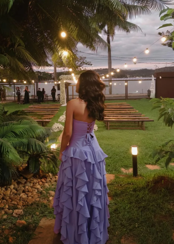 Sweety Lilac A Line Strapless Ruffle Chiffon Long Prom Dress Evening Dress DP6931