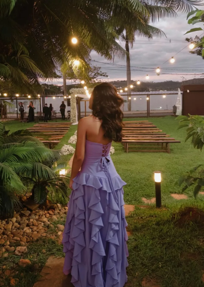 Sweety Lilac A Line Strapless Ruffle Chiffon Long Prom Dress Evening Dress DP6931