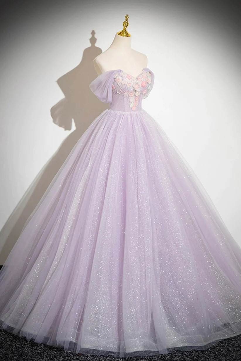 Lilac Tulle Long A-Line Appliques Prom Dress Glitter Off The Shoulder Formal Evening Dress DP491