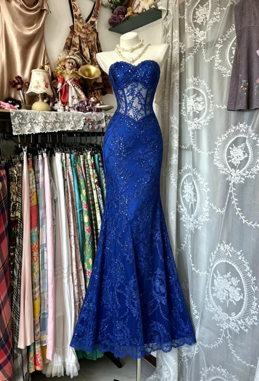 Vintage Royal Blue Mermaid Strapless Sequin Lace Prom Dress Evening Party Dress DP5629