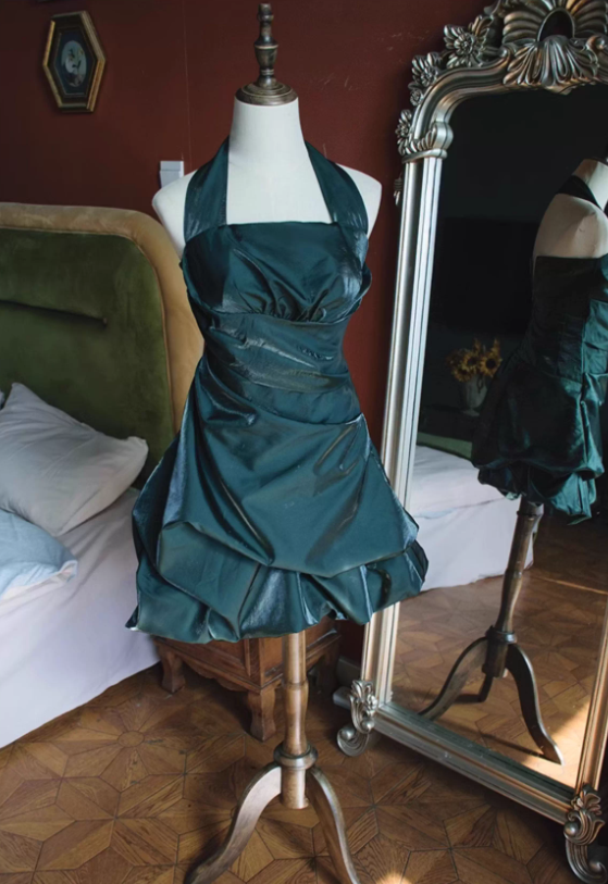 Cute Navy Blue A Line Halter Pleated Satin Open Back Short Homecoming Dress Outfits DP4700