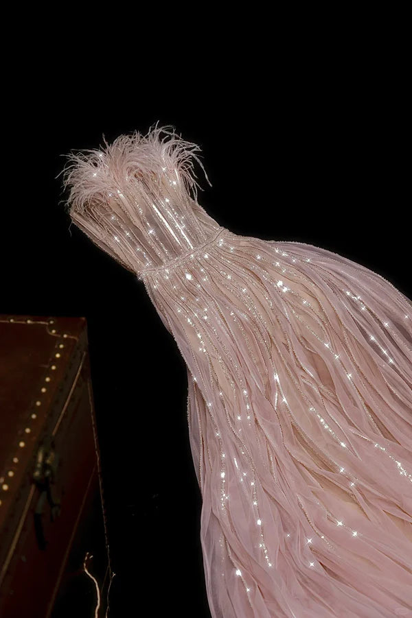 Pink A Line Strapless Sequin Feather Tulle Long Prom Dress Evening Dress DP2062