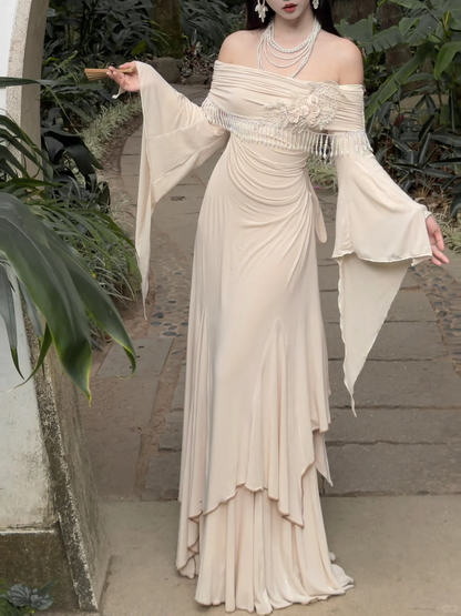 Vintage A Line Long Sleeve Beaded Apricot Satin Long Prom Dress Evening Dress DP6465