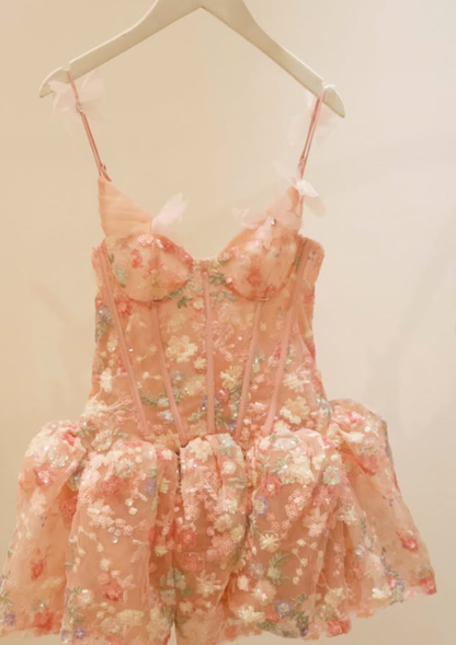 Pink A Line Strap Exquisite Embroidery Corset Tulle Short Prom Dress Homecoming Dress DP7965