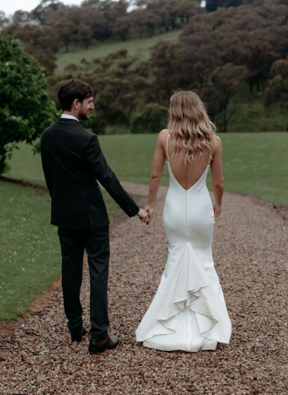 Simple Mermaid Round Neck White Satin Long Sweep Wedding Dress DP1804