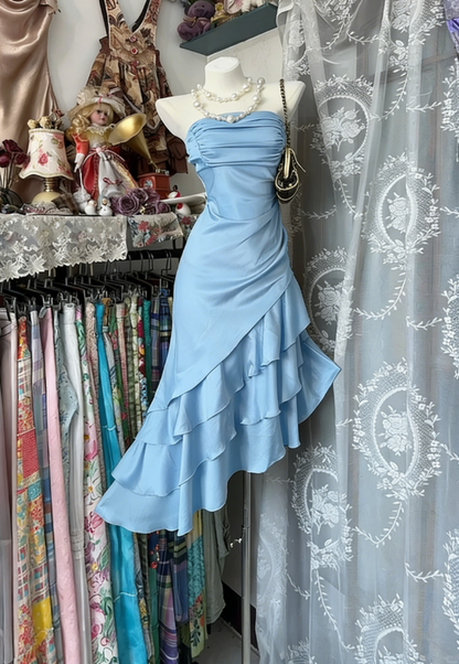 Vintage Mermaid Strapless Champagne Layered Satin Outfits Dress DP4855