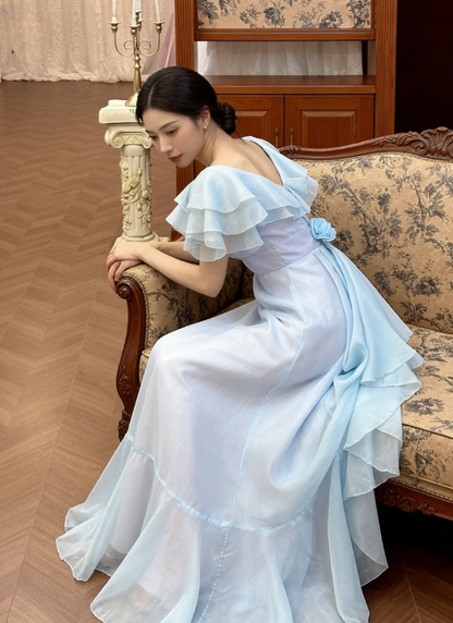 Vintage Simple A Line Off the Shoulder Layered Blue Chiffon Prom Dress DP4825