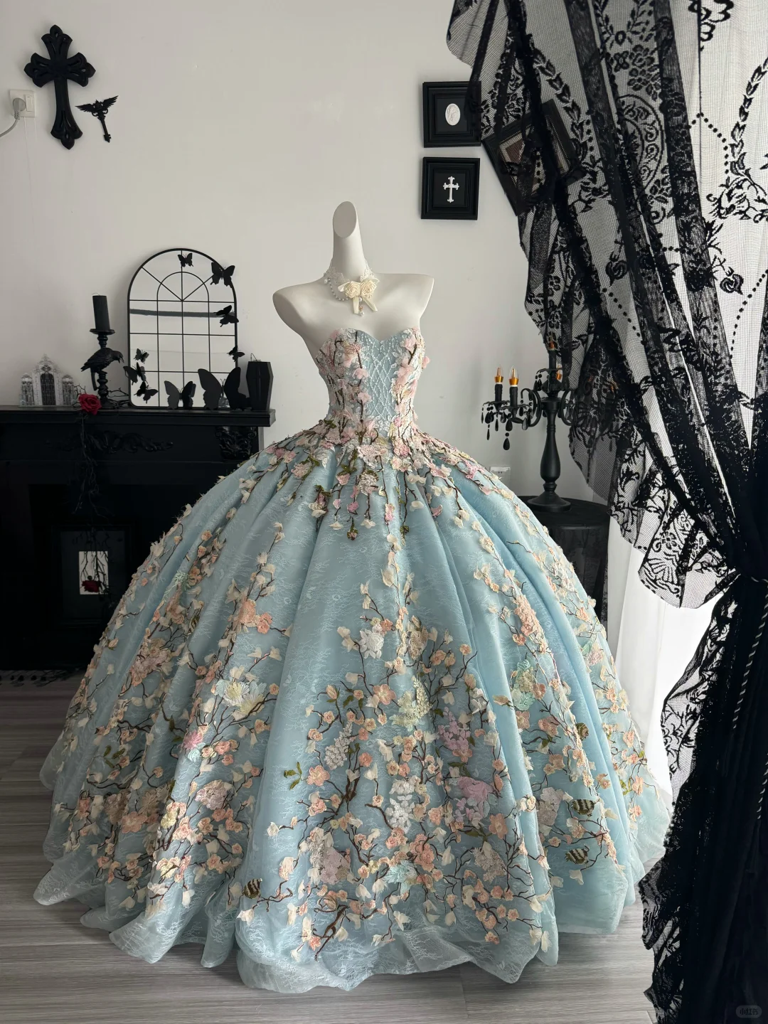 Blue Ball Gown Sweetheart Neck Floral Tulle Prom Dress Quinceanera Dress DP6968