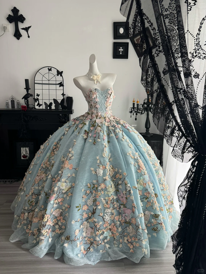 Blue Ball Gown Sweetheart Neck Floral Tulle Prom Dress Quinceanera Dress DP6968