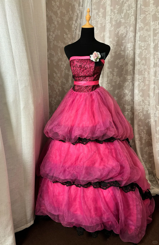 Barbie Pink Ball Gown Strapless Black Beaded Layered Organza Prom Dress Party Dress DP3185