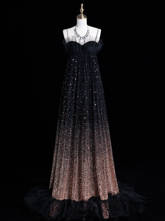 Cute A Line Spaghetti Strap Sequin Tulle Long Open Back Prom Dress Evening Dress DP2087
