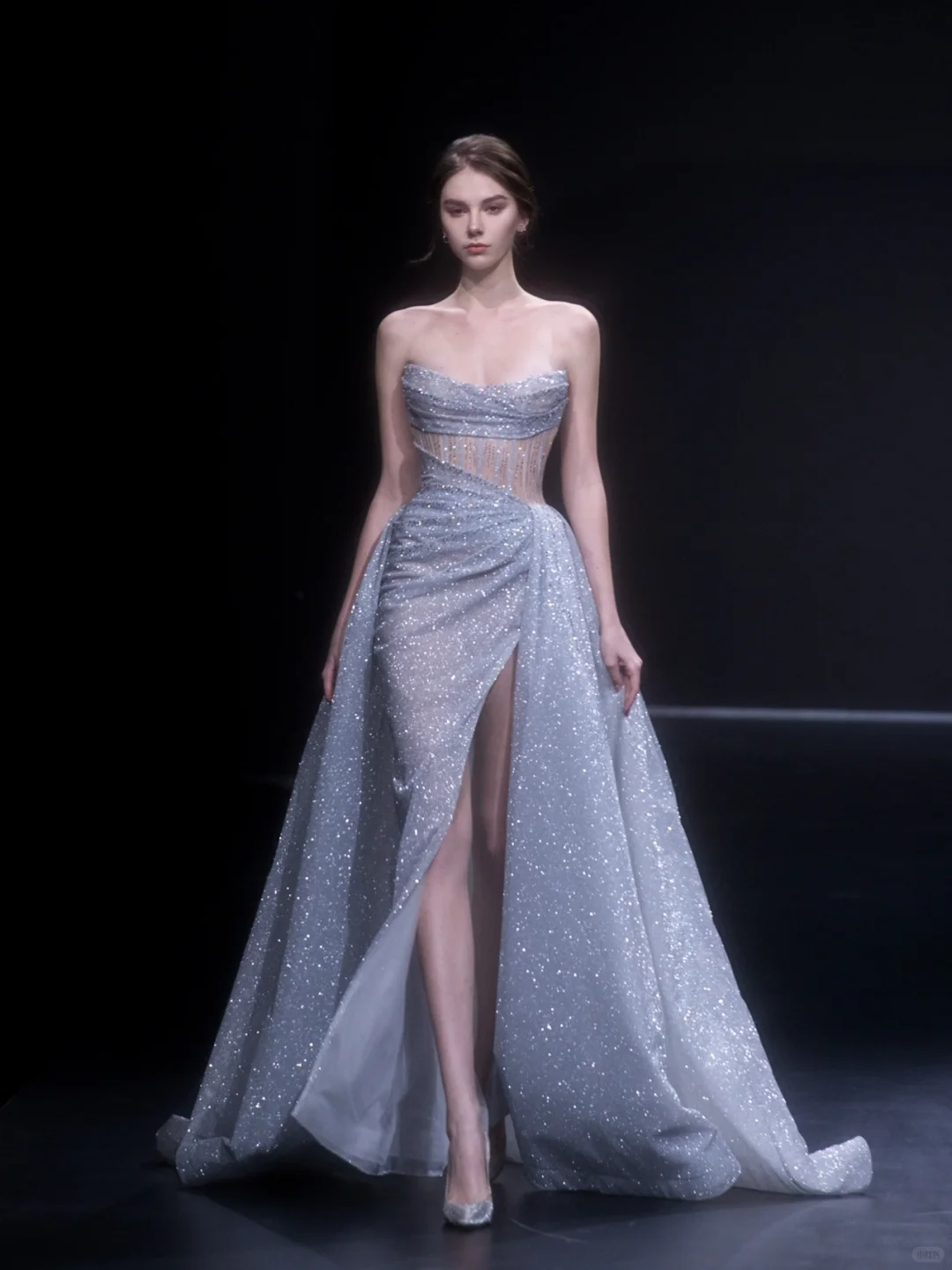 Grey Shiny A Line Strapless Corset Sequin Prom Dress Evening Dress with Slit DP2795