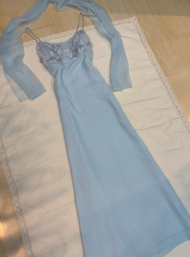 Baby Blue Sheath Spaghetti Straps Appliques Chiffon Prom Dress Evening Dress DP1790