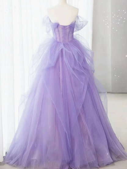 Off Shoulder Purple Tulle Long Prom Dress Lace Floral Long Evening Dress DP525