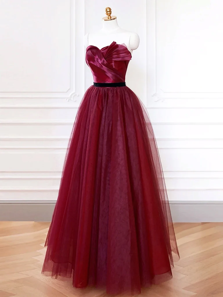 Charming Satin Tulle Burgundy Long Prom Dress Party Dress DP426