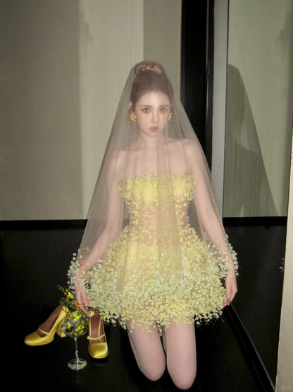 Cute A Line Strapless Yellow Flower Tulle Short Homecoming Dress Cocktail Dress DP2522