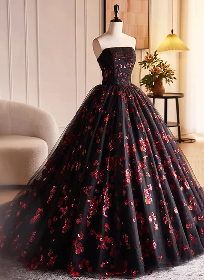 Floral Print Satin Tulle Long Strapless Prom Dress Formal Sweet 16 Ball Gown Quinceanera Dress DP016