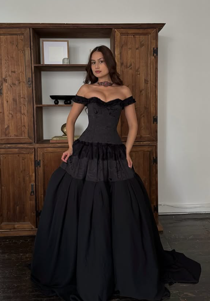 Black Ball Gown Off the Shoulder Satin Lace Prom Dress 16th Birthday Dress DP4281