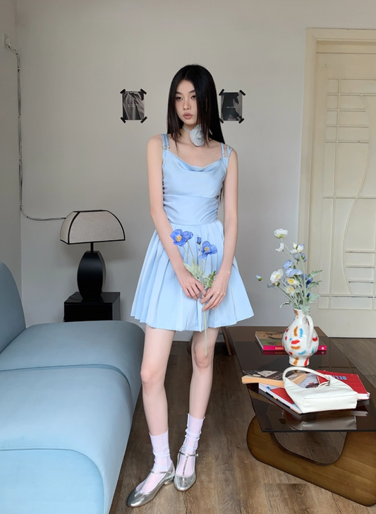 Blue A Line Spaghetti Strap Satin Short Homecoming Dress Birthday Dress Outfits DP3477