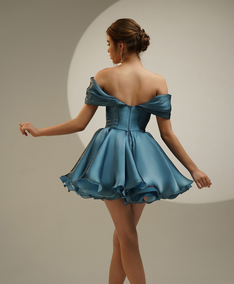 Blue A Line Off the Shoulder Satin Short Prom Dress Homecoming Dress Outfits DP4229