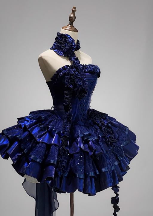 Blue Roses Neckline Lolita Goth Boning Dress Sequins Tiered Ruffle Dress DP4491