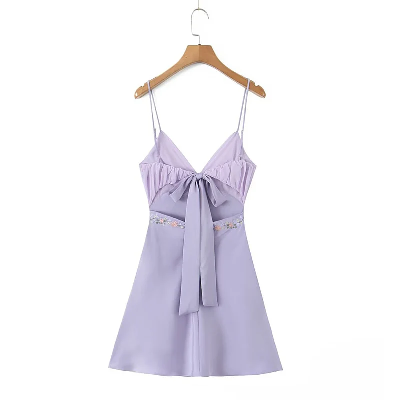 Purple A Line Spaghetti Straps Floral Embroidery Satin Mini Dress Homecoming Dress DP1357